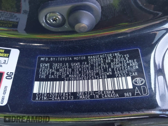 2015 Toyota Corolla L with VIN 2T1BURHE6FC475488, listed as a IAAI auction lot 42134578 with 96,177 mi miles and . Bid and sale history available at DreamBid. Image 9.