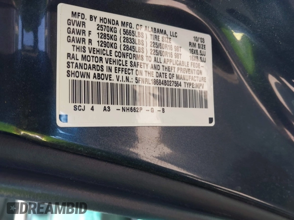 2004 Honda Odyssey EX with VIN 5FNRL18684B027564, listed as a IAAI auction lot 42044126 with 185,627 mi miles and . Bid and sale history available at DreamBid. Image 9.