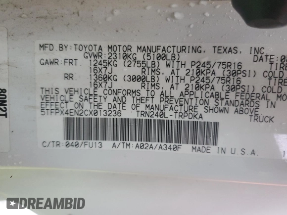 2012 Toyota Tacoma with VIN 5TFPX4EN2CX013236, listed as a Copart auction lot 87359204 with Not Provided miles and Salvage Title. Bid and sale history available at DreamBid. Image 14.