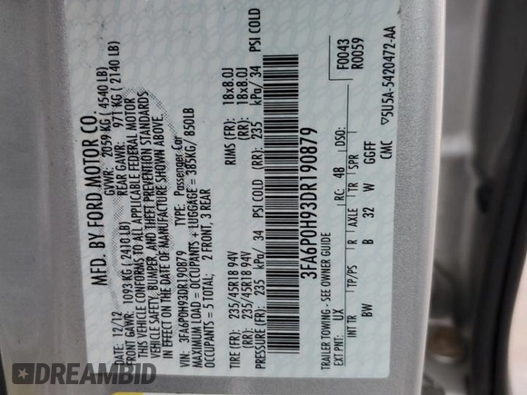 2013 Ford Fusion SE with VIN 3FA6P0H93DR190879, listed as a Copart auction lot 55967615 with 113,848 mi miles and Salvage title. Bid and sale history available at DreamBid. Image 12.