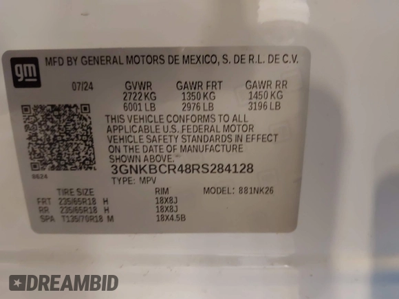 2024 Chevrolet Blazer LT with VIN 3GNKBCR48RS284128, listed as a IAAI auction lot 41542591 with 2,847 mi miles and . Bid and sale history available at DreamBid. Image 9.