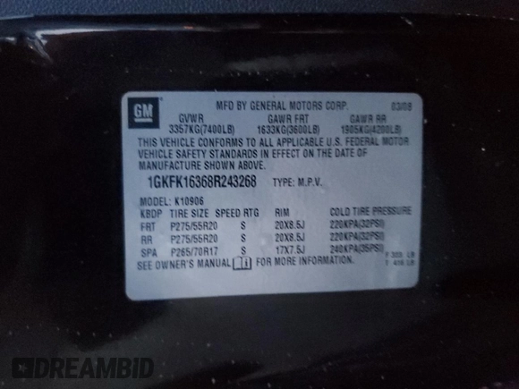 2008 GMC Yukon XL SLT 4SB with VIN 1GKFK16368R243268, listed as a Copart auction lot 48311785 with 228,311 mi miles and Salvage Title. Bid and sale history available at carsss.com. Image 14.