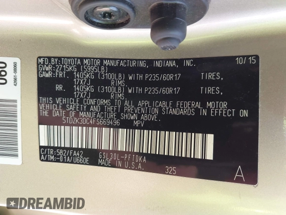 2015 Toyota Sienna L with VIN 5TDZK3DC4FS669496, listed as a IAAI auction lot 41691430 with 119,427 mi miles and . Bid and sale history available at DreamBid. Image 9.