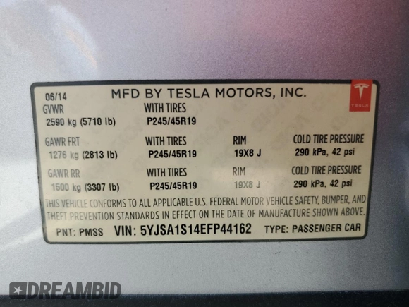 2014 Tesla Model S 60 with VIN 5YJSA1S14EFP44162, listed as a Copart auction lot 52943025 with Not Provided miles and Salvage Title. Bid and sale history available at DreamBid. Image 12.