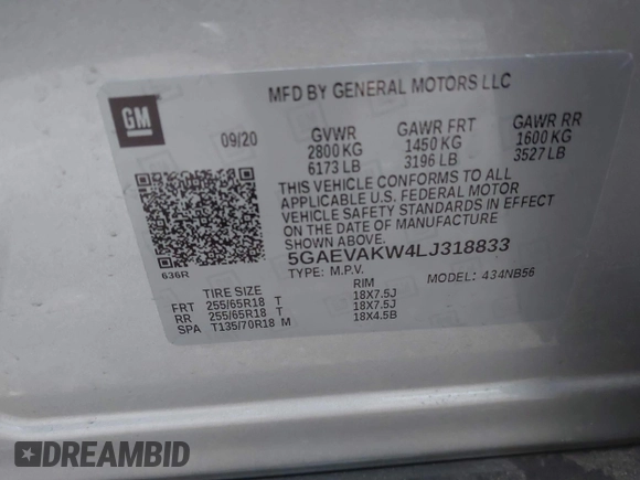 2020 Buick Enclave Essence with VIN 5GAEVAKW4LJ318833, listed as a IAAI auction lot 41834843 with 57,995 mi miles. Bid and sale history available at carsss.com. Image 9.