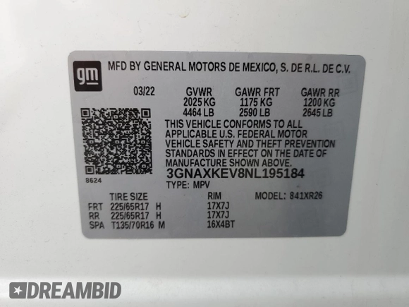 2022 Chevrolet Equinox LT with VIN 3GNAXKEV8NL195184, listed as a Copart auction lot 43875245 with 49,322 mi miles and Salvage Title. Bid and sale history available at DreamBid. Image 14.