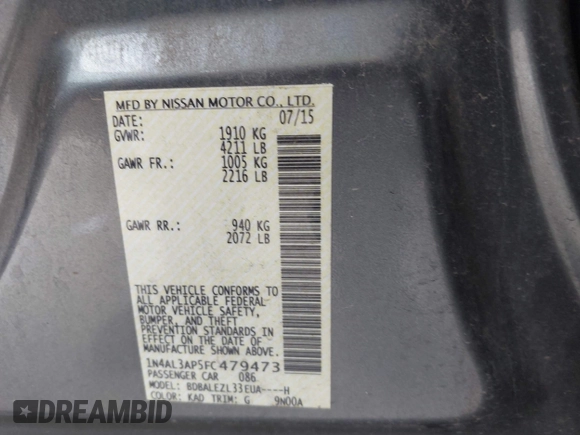 2015 Nissan Altima S with VIN 1N4AL3AP5FC479473, listed as a IAAI auction lot 42037990 with 142,006 mi miles and . Bid and sale history available at carsss.com. Image 9.