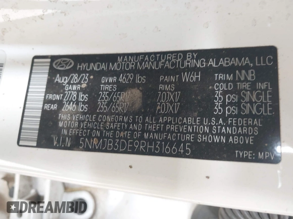 2024 Hyundai Tucson SEL with VIN 5NMJB3DE9RH316645, listed as a IAAI auction lot 41624789 with Not Provided miles and . Bid and sale history available at DreamBid. Image 9.