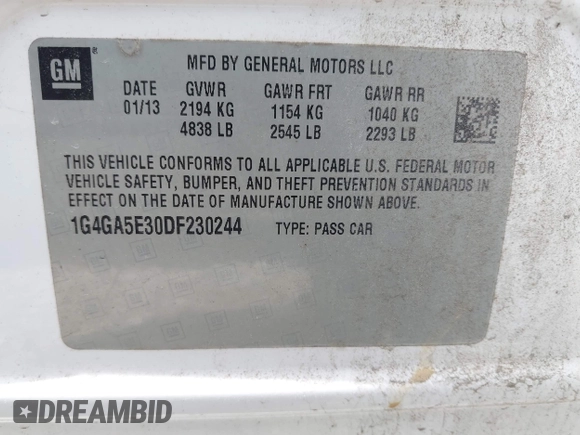 2013 Buick LaCrosse with VIN 1G4GA5E30DF230244, listed as a IAAI auction lot 41928325 with 149,030 mi miles and . Bid and sale history available at DreamBid. Image 9.