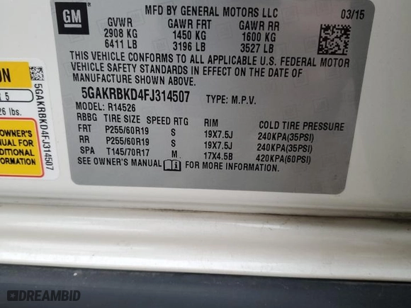 2015 Buick Enclave Leather with VIN 5GAKRBKD4FJ314507, listed as a Copart auction lot 48021025 with 168,289 mi miles and Salvage Title. Bid and sale history available at carsss.com. Image 13.