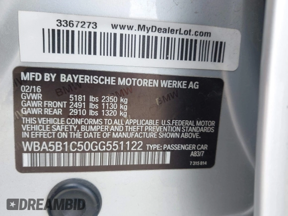 2016 BMW 5 Series 535i with VIN WBA5B1C50GG551122, listed as a IAAI auction lot 41483879 with 96,859 mi miles and . Bid and sale history available at DreamBid. Image 9.