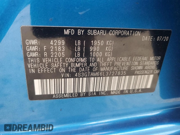 2020 Subaru Impreza Special Sports with VIN 4S3GTAM66L3727835, listed as a Copart auction lot 88171595 with 17,954 mi miles and Salvage title. Bid and sale history available at DreamBid. Image 12.
