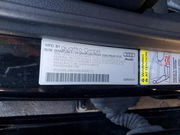 2009 Audi S4 with VIN WUARL48H39K900072, listed as a Copart auction lot 74518204 with 72,559 mi miles and Salvage Title. Bid and sale history available at carsss.com. Image 12.