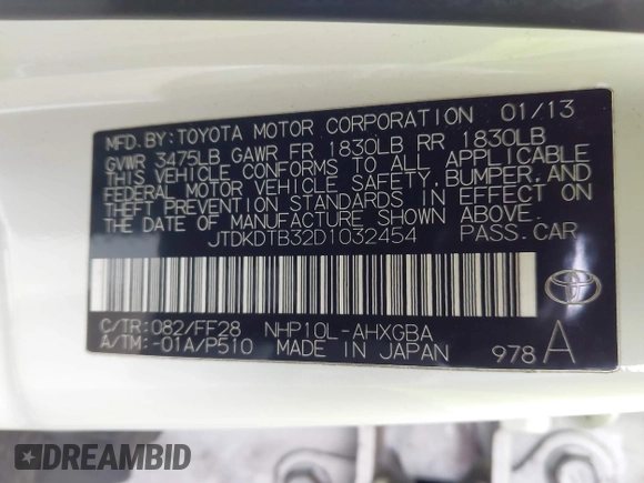 2013 Toyota Prius One with VIN JTDKDTB32D1032454, listed as a IAAI auction lot 42087724 with 202,293 mi miles and . Bid and sale history available at carsss.com. Image 9.