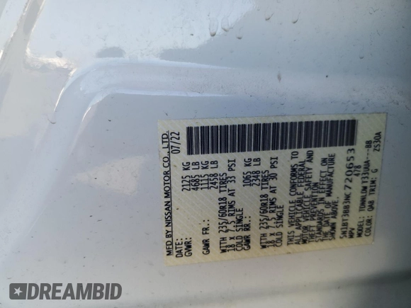 2022 Nissan Rogue SV with VIN 5N1BT3BB3NC720653, listed as a Copart auction lot 55926295 with 60,210 mi miles and Clean Title. Bid and sale history available at DreamBid. Image 13.