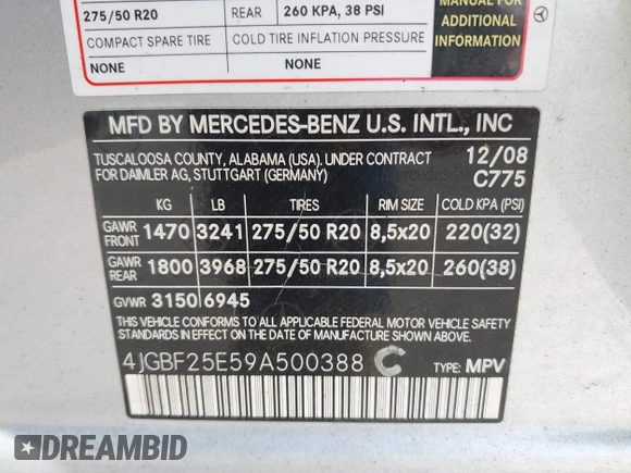 2009 Mercedes-Benz GL-Class 3.0L BlueTEC with VIN 4JGBF25E59A500388, listed as a IAAI auction lot 41772042 with 189,211 mi miles. Bid and sale history available at carsss.com. Image 9.