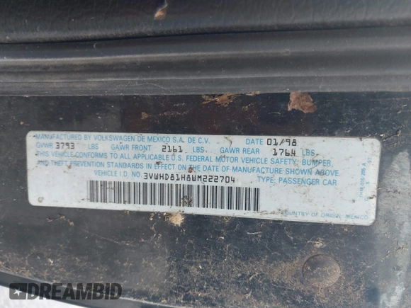 1998 Volkswagen GTI VR6 z VIN 3VWHD81H8WM222704, wystawiony jako IAAI lot #42525243 z przebiegiem Nie podano mil oraz . Historia ofert i sprzedaży dostępna na DreamBid. Obrazek 9.