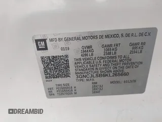 2019 Chevrolet Trax LT z VIN 3GNCJLSB6KL265660, wystawiony jako IAAI lot #41633609 z przebiegiem Nie podano mil oraz . Historia ofert i sprzedaży dostępna na DreamBid. Obrazek 9.