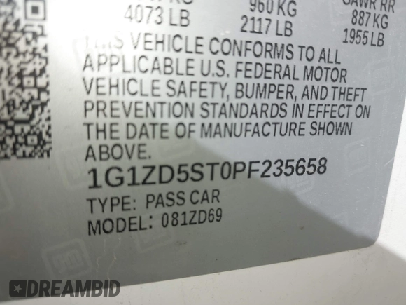 2023 Chevrolet Malibu LT with VIN 1G1ZD5ST0PF235658, listed as a IAAI auction lot 42034756 with 63,382 mi miles and . Bid and sale history available at DreamBid. Image 9.