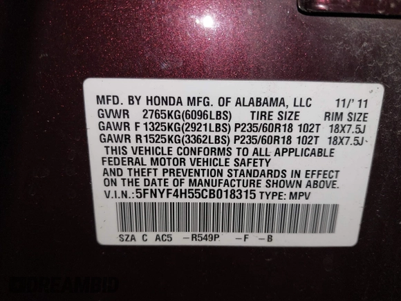 2012 Honda Pilot EX-L with VIN 5FNYF4H55CB018315, listed as a IAAI auction lot 42051230 with 121,702 mi miles and . Bid and sale history available at DreamBid. Image 9.