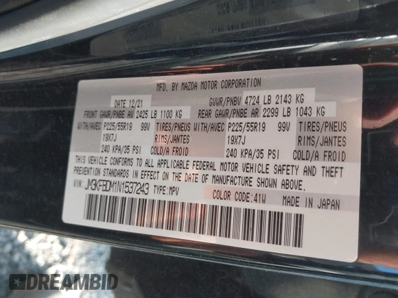 2022 Mazda CX-5 2.5 S Premium Package with VIN JM3KFBDM1N1537243, listed as a IAAI auction lot 40871911 with 77,725 mi miles. Bid and sale history available at carsss.com. Image 9.