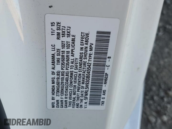 2016 Honda Odyssey Touring Elite with VIN 5FNRL5H93GB045542, listed as a Copart auction lot 46195125 with 157,897 mi miles and Salvage title. Bid and sale history available at DreamBid. Image 14.