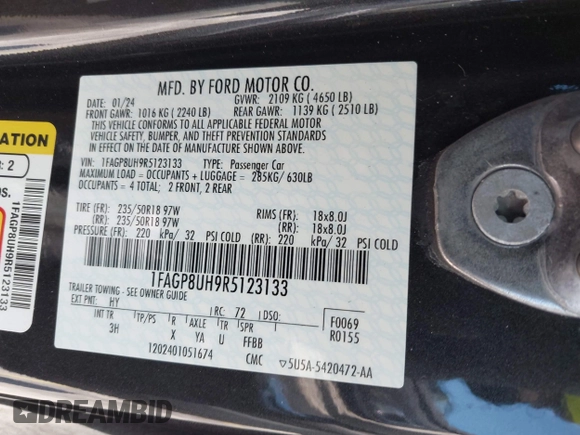 2024 Ford Mustang EcoBoost with VIN 1FAGP8UH9R5123133, listed as a IAAI auction lot 42538350 with 33,581 mi miles and . Bid and sale history available at DreamBid. Image 9.