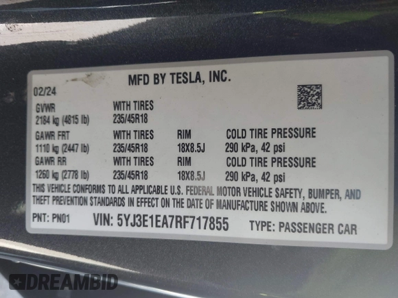 2024 Tesla Model 3 with VIN 5YJ3E1EA7RF717855, listed as a IAAI auction lot 41838814 with 8,750 mi miles and . Bid and sale history available at DreamBid. Image 9.