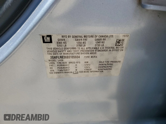 2014 GMC Terrain SLE with VIN 2GKFLRE36E6185604, listed as a Copart auction lot 62418095 with 139,739 mi miles and Salvage title. Bid and sale history available at DreamBid. Image 12.