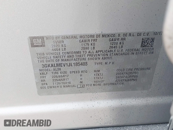 2018 GMC Terrain SLE with VIN 3GKALMEV1JL185403, listed as a IAAI auction lot 41807308 with 79,867 mi miles and . Bid and sale history available at DreamBid. Image 9.