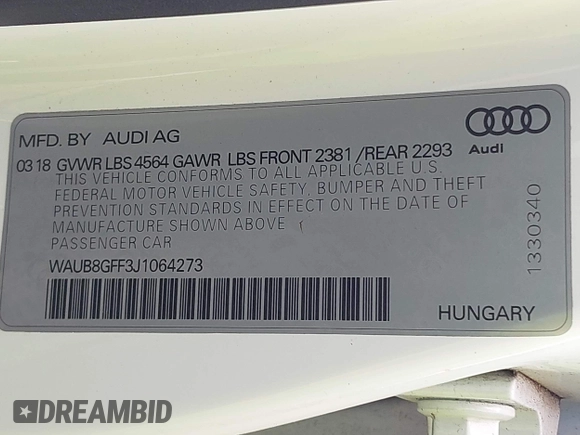 2018 Audi A3 Premium with VIN WAUB8GFF3J1064273, listed as a IAAI auction lot 42155689 with 92,737 mi miles and . Bid and sale history available at DreamBid. Image 9.