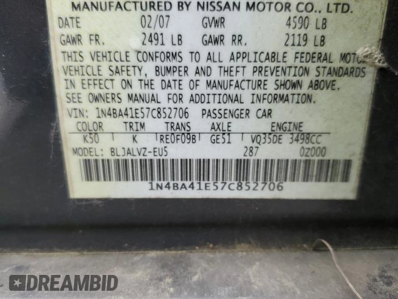2007 Nissan Maxima SE с VIN 1N4BA41E57C852706, выставлен на аукционе Copart как лот 63277025 с пробегом 150 228 миль миль и Списание • Salvage title. История ставок и продаж доступна на DreamBid. Изображение 12.