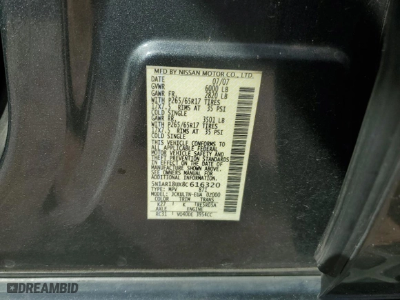 2008 Nissan Pathfinder S with VIN 5N1AR18UX8C616320, listed as a Copart auction lot 51181045 with 187,695 mi miles and Salvage Title. Bid and sale history available at carsss.com. Image 13.