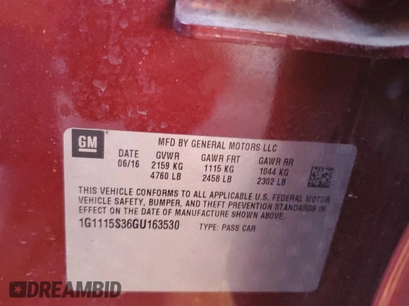2016 Chevrolet Impala LT with VIN 1G1115S36GU163530, listed as a Copart auction lot 55420265 with 47,920 mi miles and Salvage Title. Bid and sale history available at DreamBid. Image 12.