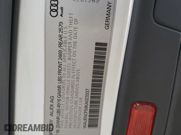 2019 Audi A5 Sportback Premium Plus with VIN WAUENCF58KA023337, listed as a Copart auction lot 45813494 with 42,650 mi miles. Bid and sale history available at carsss.com. Image 12.