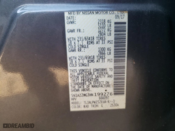 2017 Nissan Murano S with VIN 5N1AZ2MG3HN199276, listed as a Copart auction lot 43985515 with 222,881 mi miles and Salvage Title. Bid and sale history available at carsss.com. Image 16.