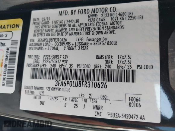 2015 Ford Fusion SE Hybrid with VIN 3FA6P0LU8FR310626, listed as a IAAI auction lot 40048581 with 124,086 mi miles and . Bid and sale history available at DreamBid. Image 9.