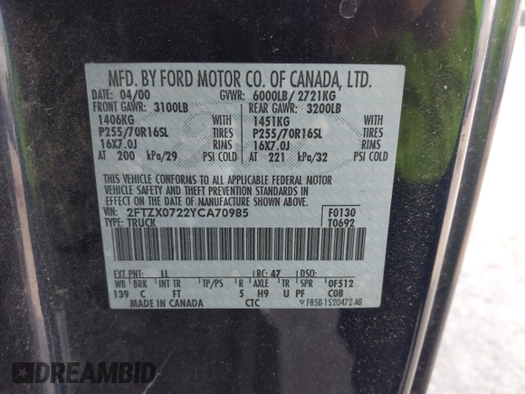 2000 Ford F-150 XL с VIN 2FTZX0722YCA70985, выставлен на аукционе IAAI как лот 42476412 с пробегом 171 033 миль миль и . История ставок и продаж доступна на DreamBid. Изображение 9.