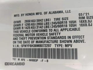 2021 Honda Pilot EX with VIN 5FNYF6H38MB072297, listed as a IAAI auction lot 42561276 with 119,172 mi miles and . Bid and sale history available at DreamBid. Image 9.