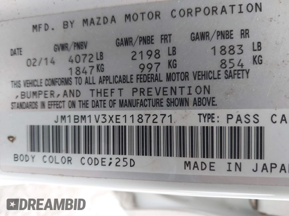 2014 Mazda 3 S Touring with VIN JM1BM1V3XE1187271, listed as a IAAI auction lot 41857386 with 168,104 mi miles and . Bid and sale history available at DreamBid. Image 9.
