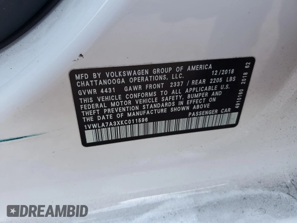 2019 Volkswagen Passat 2.0T Wolfsburg Edition with VIN 1VWLA7A3XKC011596, listed as a Copart auction lot 87080234 with 132,547 mi miles and Salvage Title. Bid and sale history available at carsss.com. Image 12.