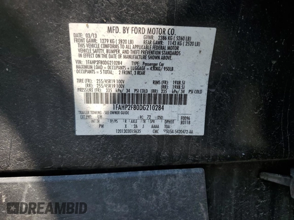 2013 Ford Taurus Limited z VIN 1FAHP2F80DG210284, wystawiony jako Copart lot #60356585 z przebiegiem 163 750 mil mil oraz Szkoda całkowita • Salvage title. Historia ofert i sprzedaży dostępna na DreamBid. Obrazek 13.
