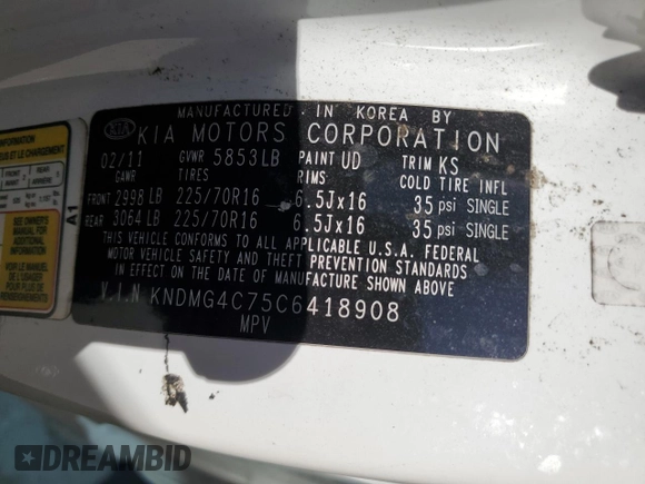 2012 Kia Sedona LX with VIN KNDMG4C75C6418908, listed as a Copart auction lot 75658454 with 203,375 mi miles and Salvage Title. Bid and sale history available at DreamBid. Image 13.