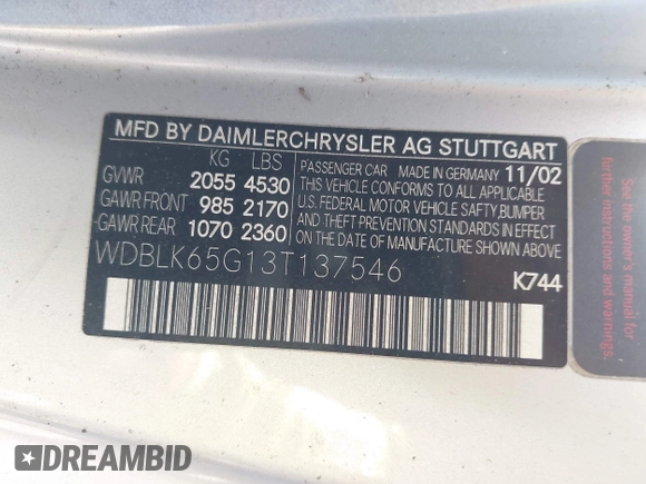 2003 Mercedes-Benz CLK 320 z VIN WDBLK65G13T137546, wystawiony jako IAAI lot #42342255 z przebiegiem Nie podano mil oraz . Historia ofert i sprzedaży dostępna na DreamBid. Obrazek 9.