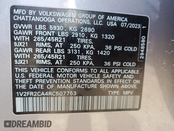 2024 Volkswagen Atlas SEL Premium R-Line с VIN 1V2FR2CA4RC507753, выставлен на аукционе Copart как лот 83025414 с пробегом 17 225 миль миль и Списание • Salvage title. История ставок и продаж доступна на DreamBid. Изображение 13.