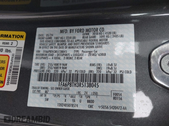 2024 Ford Mustang EcoBoost с VIN 1FA6P8TH3R5138045, выставлен на аукционе IAAI как лот 42385957 с пробегом 1 708 миль миль и . История ставок и продаж доступна на DreamBid. Изображение 9.