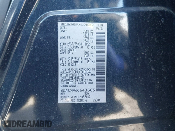 2013 Nissan Pathfinder SL z VIN 5N1AR2MM6DC643665, wystawiony jako IAAI lot #41995720 z przebiegiem 165 919 mil mil oraz . Historia ofert i sprzedaży dostępna na DreamBid. Obrazek 9.