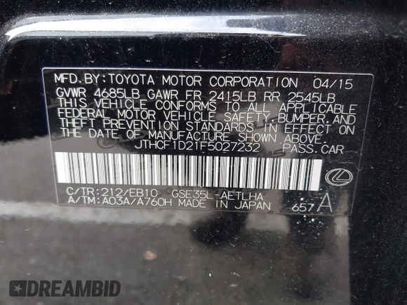 2015 Lexus IS 250 with VIN JTHCF1D21F5027232, listed as a IAAI auction lot 42072559 with 79,903 mi miles and . Bid and sale history available at DreamBid. Image 9.