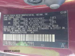 2009 Toyota Sienna XLE with VIN 5TDZK22C99S274280, listed as a IAAI auction lot 42210324 with 149,076 mi miles and . Bid and sale history available at DreamBid. Image 9.