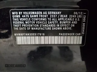 2013 Volkswagen CC Sport z VIN WVWAP7AN3DE517918, wystawiony jako Copart lot #55080285 z przebiegiem 56 408 mil mil oraz Szkody całkowita. Historia ofert i sprzedaży dostępna na DreamBid. Obrazek 12.